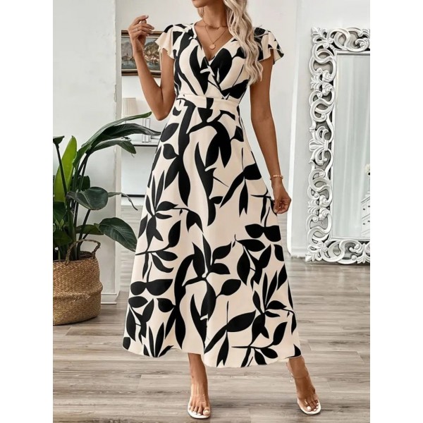 Kadın Kısa Kelebek Kollu Kruvaze Yaka Desenli Süprem Elbise