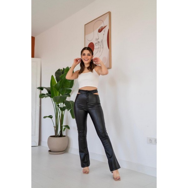 Siyah Bel Detaylı Deri Pantolon