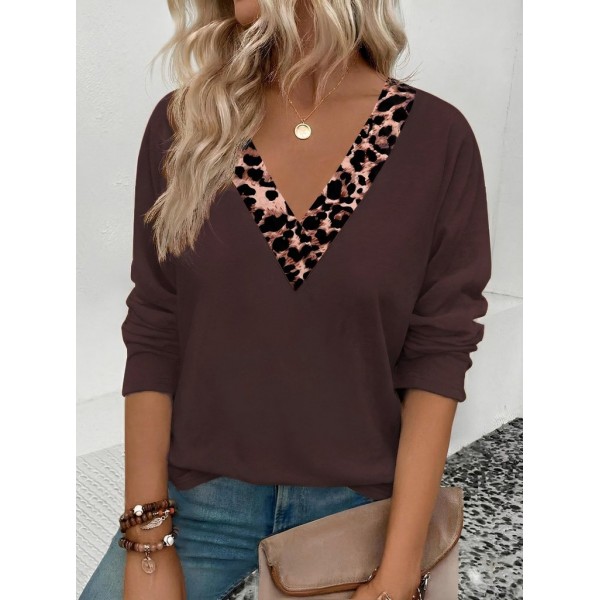 Kadın Uzun Kollu V Yakalı Leopar Detaylı Viskon Iki Iplik Bluz