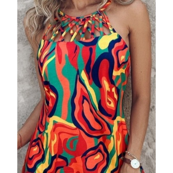 Kadın Omuzlardan Açık çapraz şerit Detaylı Desenli Süprem Elbise