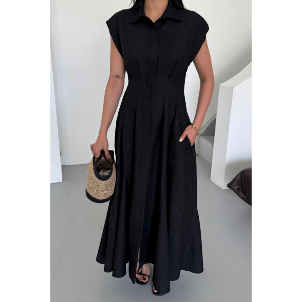 JAKARLI KETEN ELBİSE ÖNDEN YIRTMAÇLI CEPLİ - Siyah