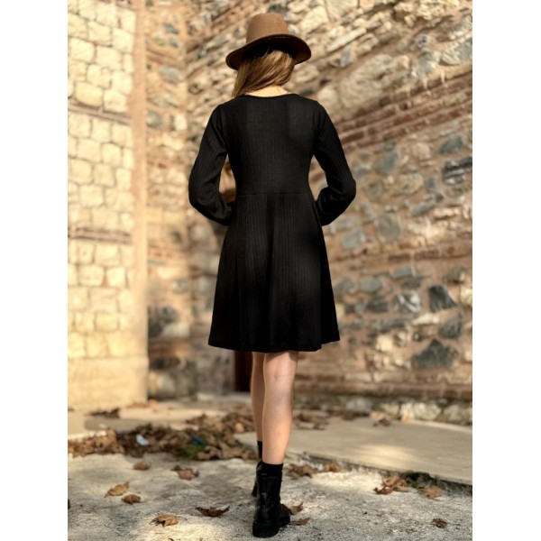 Kadın Uzun Kollu Kare Yaka Düğmeli Kısa şardonlu Iki Iplik Mini Elbise