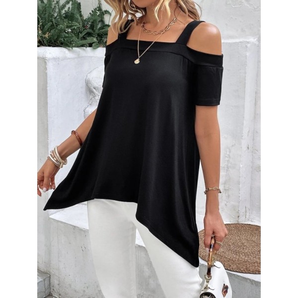 Kadın Kısa Kollu Omuzlardan Açık Askılı Asimetrik Kesim Viskon Bluz