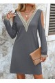 Kadın Uzun Kollu Omuzdan Açık V Dantel Yakalı Mini Waffle Elbise
