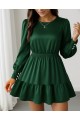 Kadın Uzun Kollu Bisiklet Yaka Beli Lastikli Fırfırlı Ithal Krep Elbise