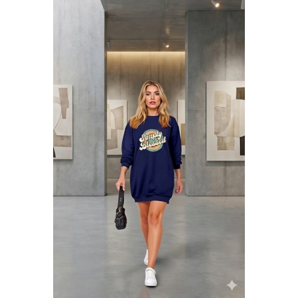 Kadın Uzun Kollu Bisiklet Yaka Yazılı Viskon Iki Iplik Elbise