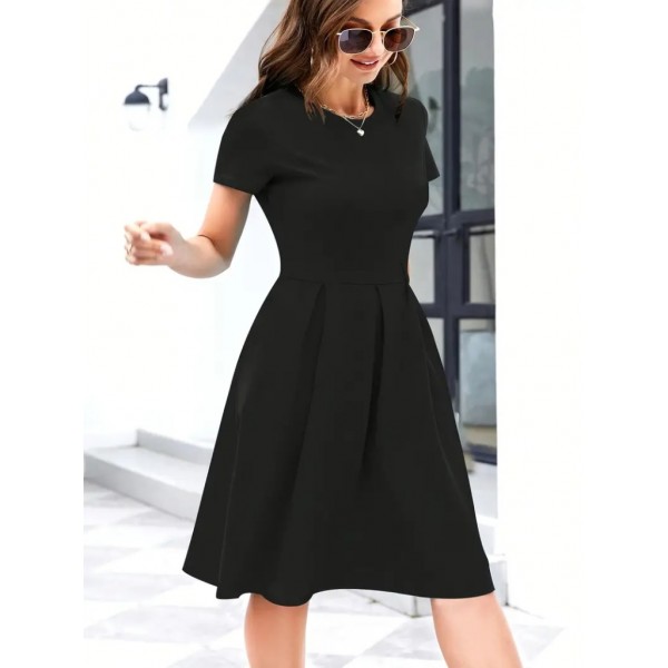 Kadın Kısa Kollu Bisiklet Yaka önden Pile Detaylı Janjan Krep Elbise