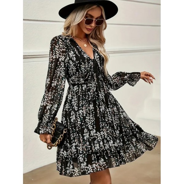 Kadın Uzun Kollu V Yakalı Fırfırlı Ve Bağcıklı şifon Mini Elbise