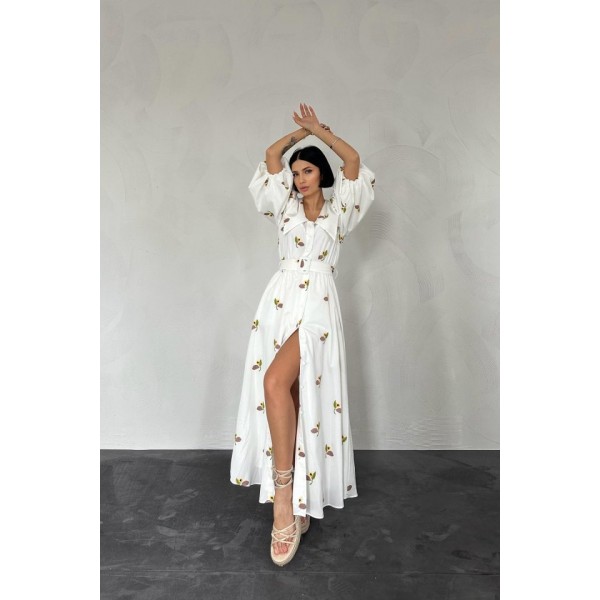 Kahverengi Yakası Çiçek Motifli Kemerli Elbise