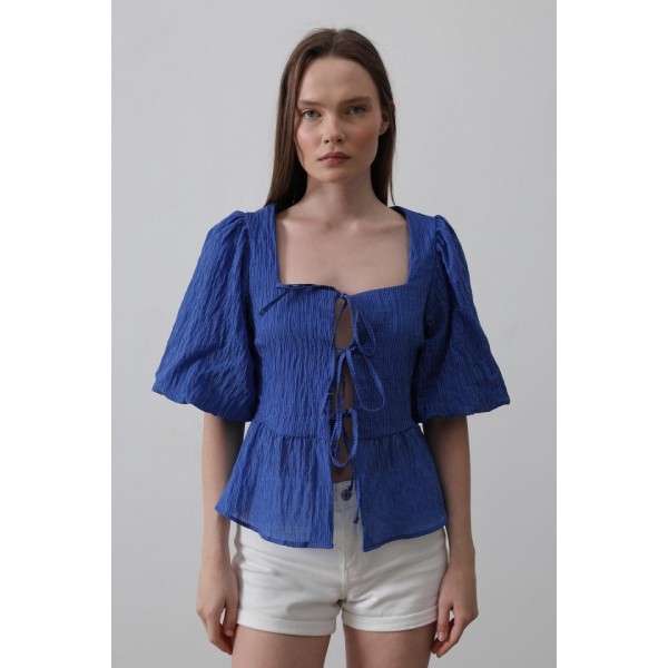 Kare Yaka Balon Kol Bluz - Mavi