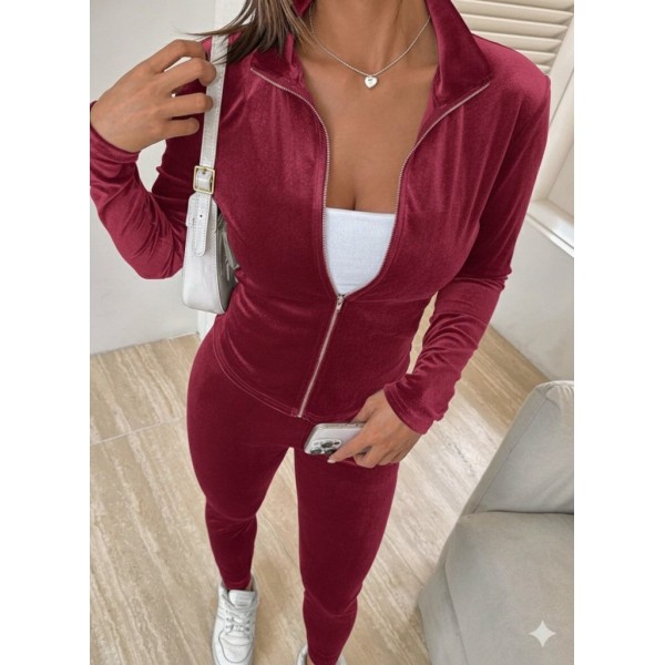 Kadın Uzun Kollu önden Fermuarlı Kadife Bluz Ve Pantolon Ikili Takım