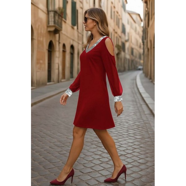 Kadın Uzun Kollu Kollar Tül V Yakalı Mini Janjan Krep Elbise