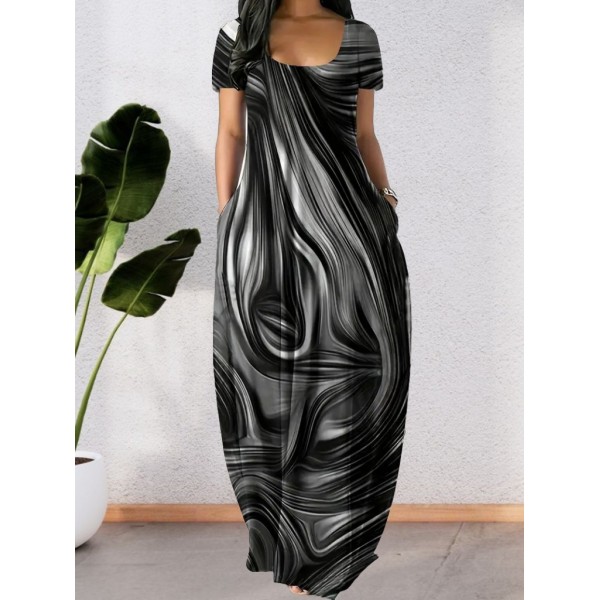 Kadın Kısa Kollu Yuvarlak Yaka Cepli Salaş Baskılı Süprem Elbise