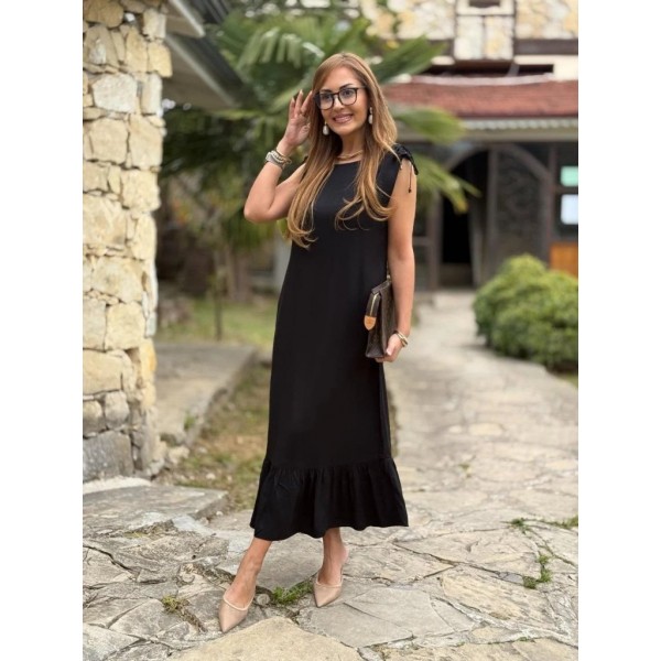 Kadın Omuzlardan Büzgülü Kayık Yaka Fırfırlı Janjan Krep Elbise