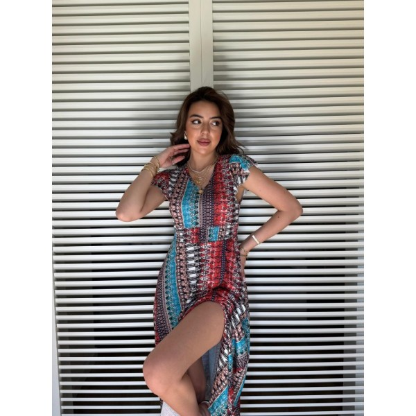 Kadın Kısa Kollu V Yakalı Desenli Yandan Yırtmaçlı Süprem Elbise