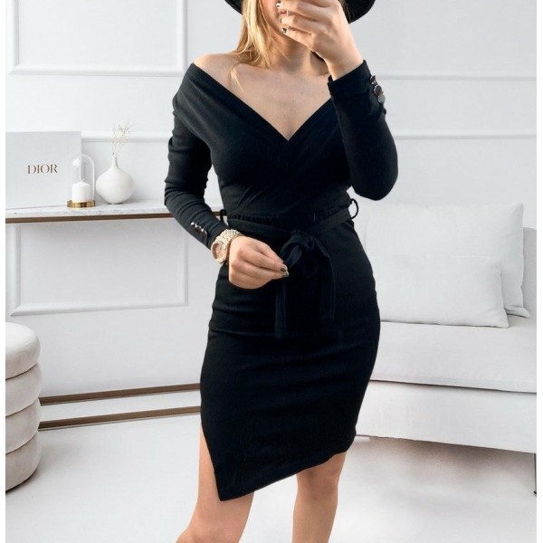 Kadın Uzun Kollu Kruvaze Yaka Bağcık Detay Akrilik Mini Boy Elbise