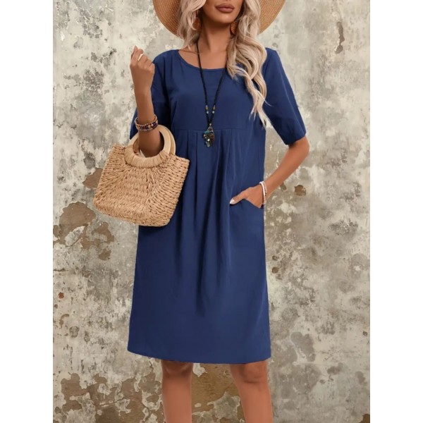 Kadın Kısa Kollu Yakası Açık önden Büzgülü Cep Detaylı Viskon Iki Iplik Elbise