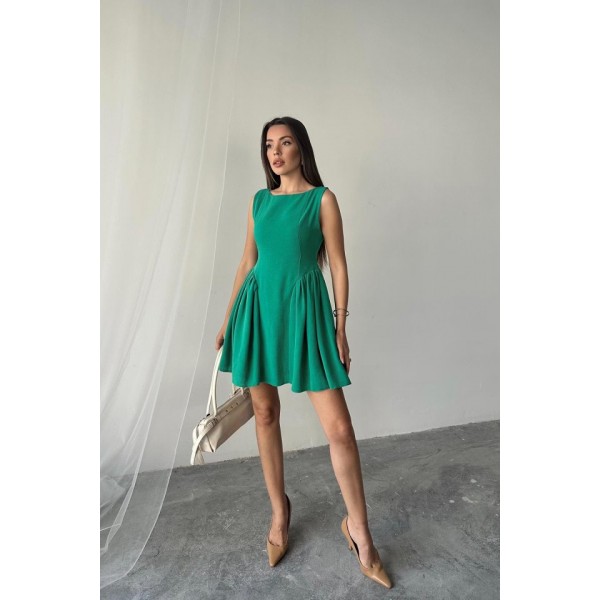 Yeşil Mini Boy Büzgülü Keten Elbise
