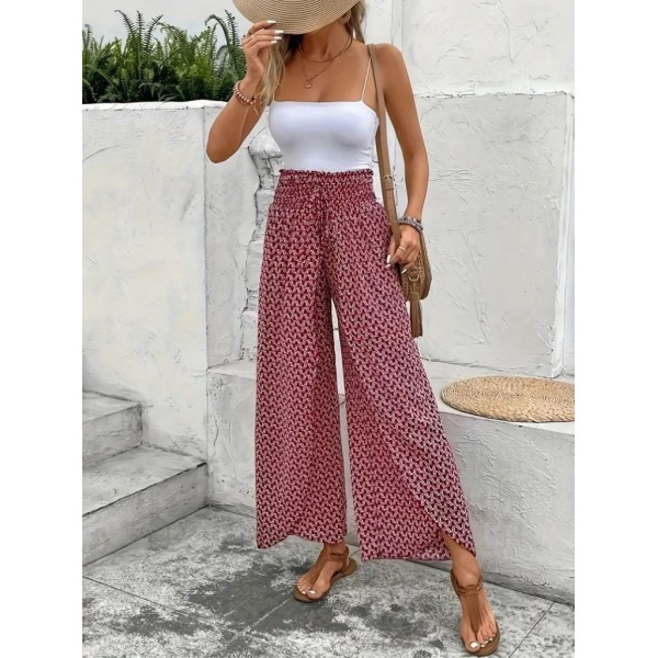 Kadın Yüksek Bel Lastikli önden Iki Parçalı Desenli Bürümcük Pantolon