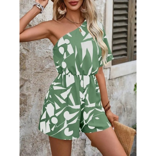 Kadın Tek Omuzdan Açık Beli Lastikli Desenli Süprem Tulum