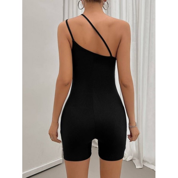 Kadın Asimetrik Askılı Mini Kaşkorse Bodycon Tulum