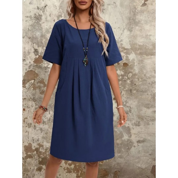 Kadın Kısa Kollu Yakası Açık önden Büzgülü Cep Detaylı Viskon Iki Iplik Elbise