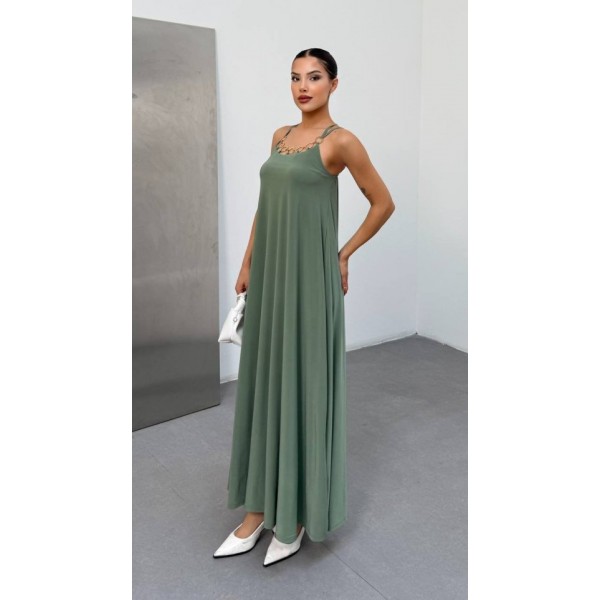 Kadın Omuz Askılı Kuş Gözü Zincir Detay Sandy Kumaş Maxi Boy Elbise