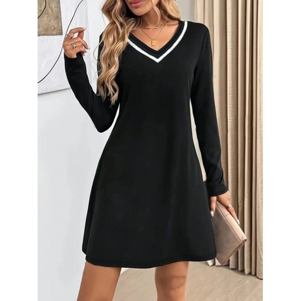 Kadın Uzun Kollu V şerit Yakalı Kısa Viskon Iki Iplik Elbise