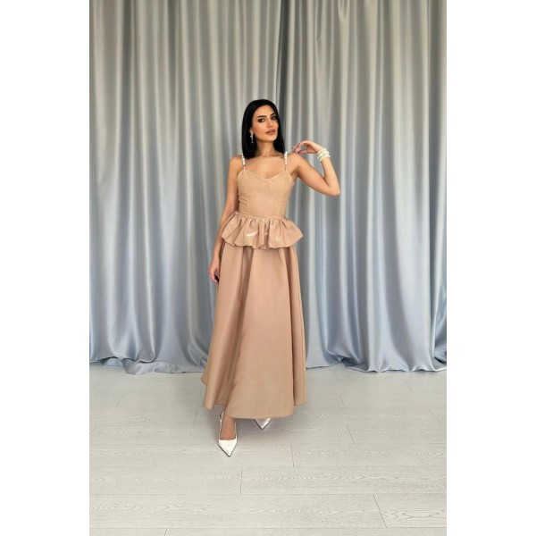 Camel Beli Büzgülü İnci Askılı Uzun Elbise
