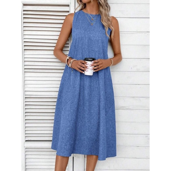 Kadın Kolsuz Bisiklet Yaka Cepli Midi Keten Elbise