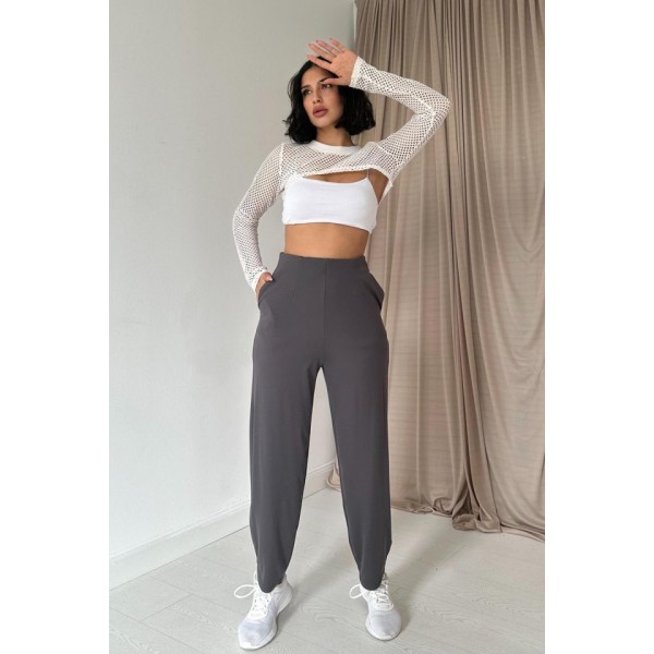 Füme Pensli Lastik Detaylı Pantolon