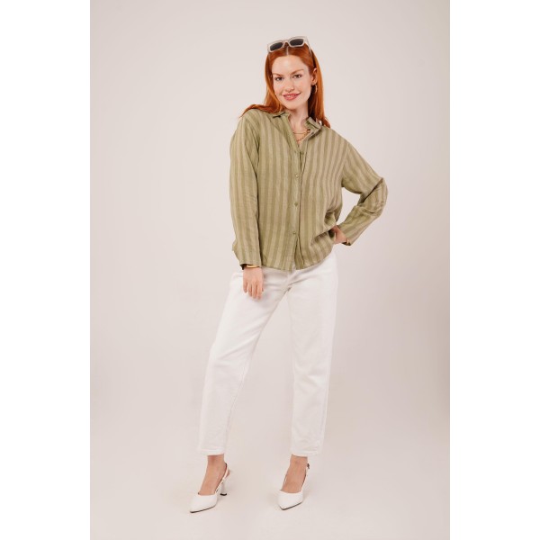 Düğmeli Ve Çizgi Detaylı Yeşil Gömlek