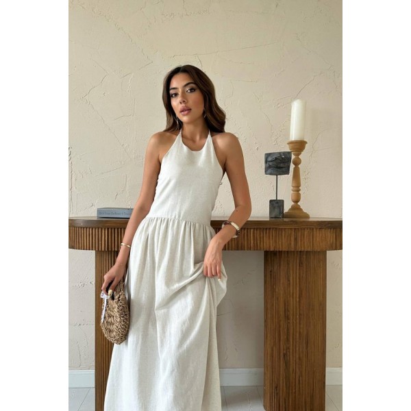 Bej Arkası Gipeli Keten Elbise