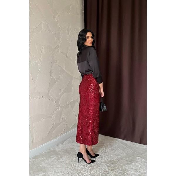 Bordo Pulpayetli Parlak Etek