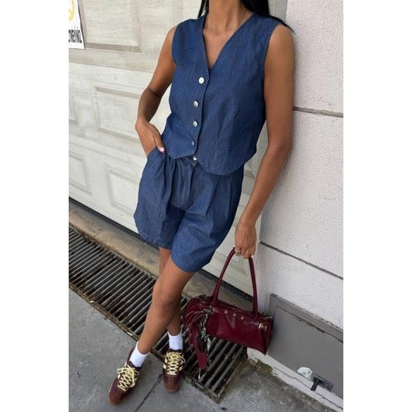 Gümüş Düğmeli Yelek Ve Şort Tensel Takım 10174