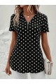 Kadın Kısa Kollu Yakadan Fermuarlı Puantiyeli Uzun Dokuma Viskon Bluz