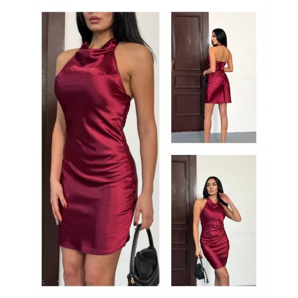 Kadın Halter Yaka Sırt Dekolteli Mini Saten Elbise
