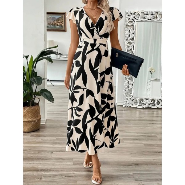 Kadın Kısa Kelebek Kollu Kruvaze Yaka Desenli Süprem Elbise