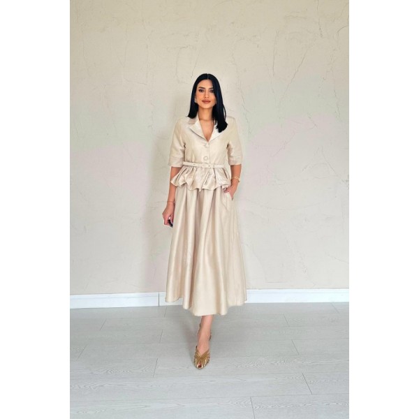 Bej İnce Kemerli Fırfırlı Ceket Ve Büzgülü Etek Takım