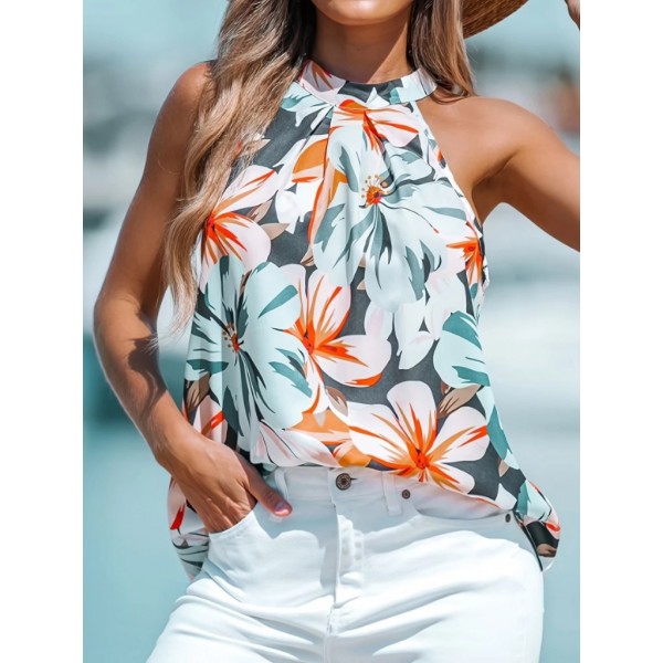 Kadın Kolsuz Halter Yaka Desenli Bluz