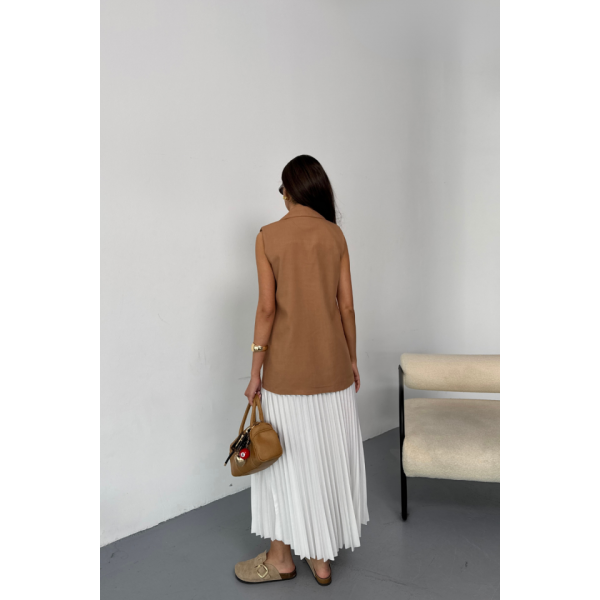 GOLD DÜĞMELİ KETEN YELEK - Kahverengi