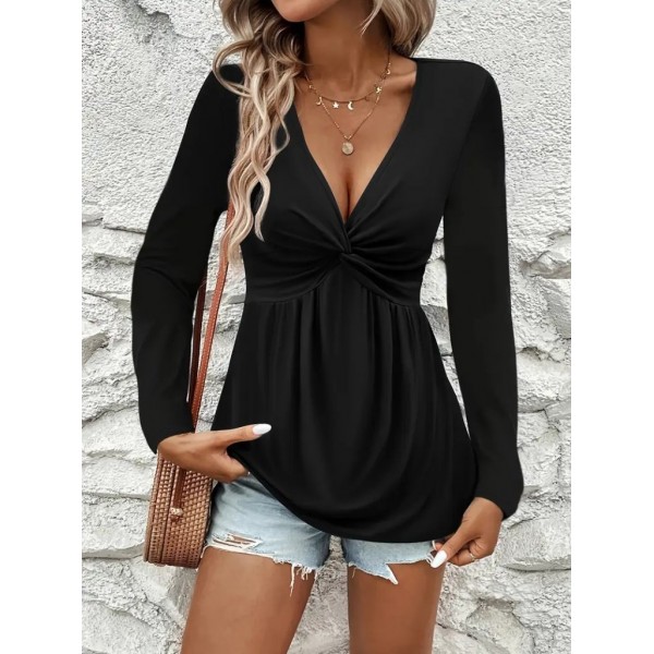 Kadın Uzun Kollu Dekolteli Sarmal Detaylı Viskon Bluz