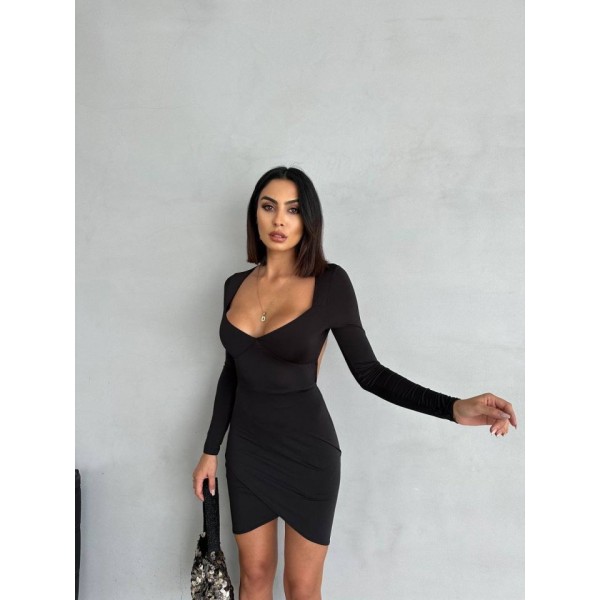 Kadın Uzun Kollu Göğüs Ve Sırt Dekolteli Kruvaze Etek Detay Fırsat ürün Mini Elbise