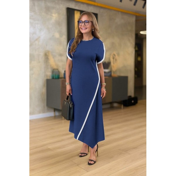 Kadın Kısa Kollu Bisiklet Yaka çift şerit Renk Detaylı Asimetrik Kesim Viskon Iki Iplik Elbise