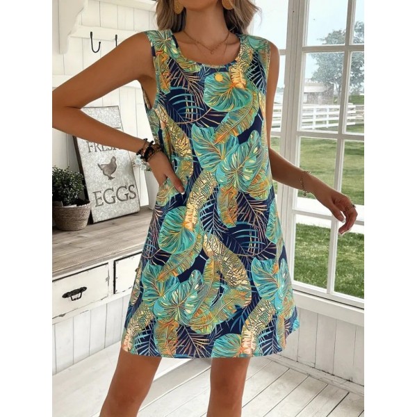 Kadın Sıfır Kollu Yuvarlak Yaka Desenli Süprem Elbise