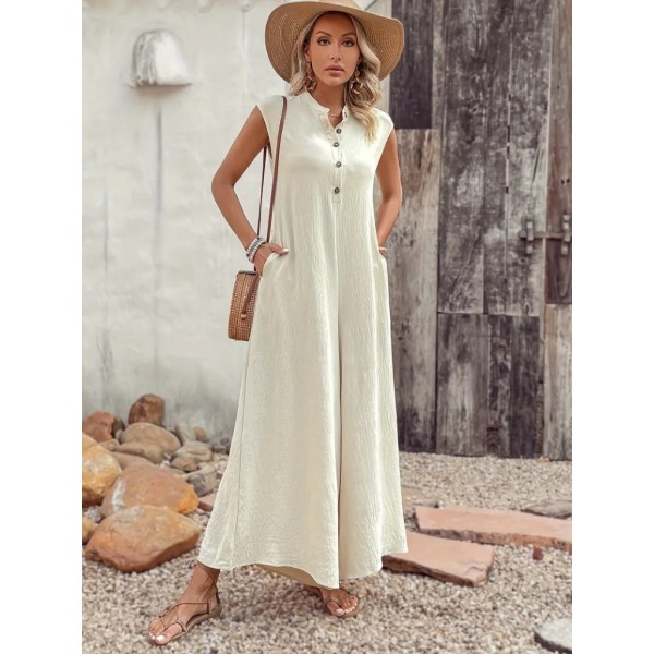 Kadın Kısa Kollu önden Düğmeli Paçaya Doğru Geniş Cepli Uzun Bürümcük Tulum