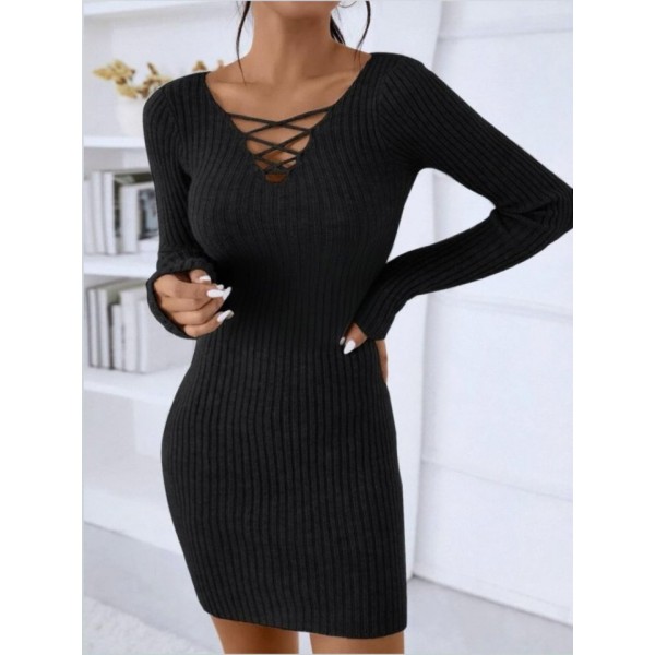 Kadın Uzun Kollu V Yakalı çapraz şerit Detaylı şardonlu Kaşkorse Midi Elbise