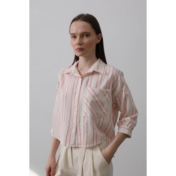 Çizgili Kısa Gömlek - Bej Pembe