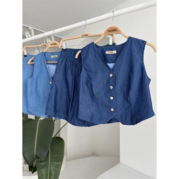 Gümüş Düğmeli Yelek Ve Şort Tensel Takım 10174