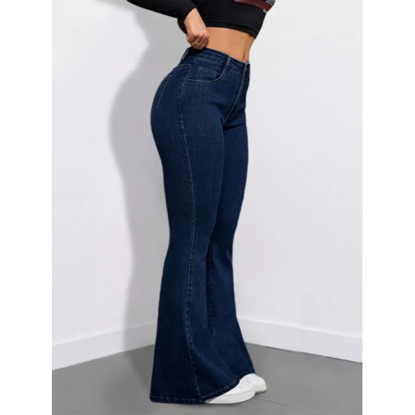 Kadın Yüksek Bel Cepli İspanyol Paçalı Kot Pantolon